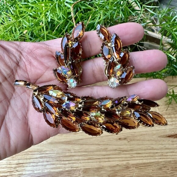 VTG Statement‎ Earrings 1.75" Match 4" Brooch AB Rhinestone Topaz Glass Navettes - Picture 2 of 9